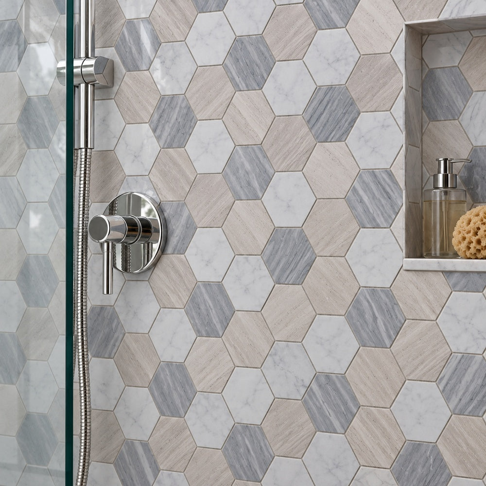 Hexalux Blue Large 10.75x12.5 Polished Mosaic Tile room scene