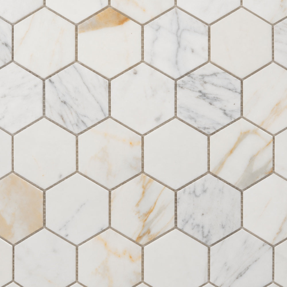 Hexalux Calacatta Gold 3x3 10x11.5 Honed Mosaic Tile close-up