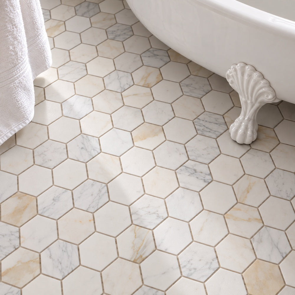 Hexalux Calacatta Gold 3x3 10x11.5 Honed Mosaic Tile room scene