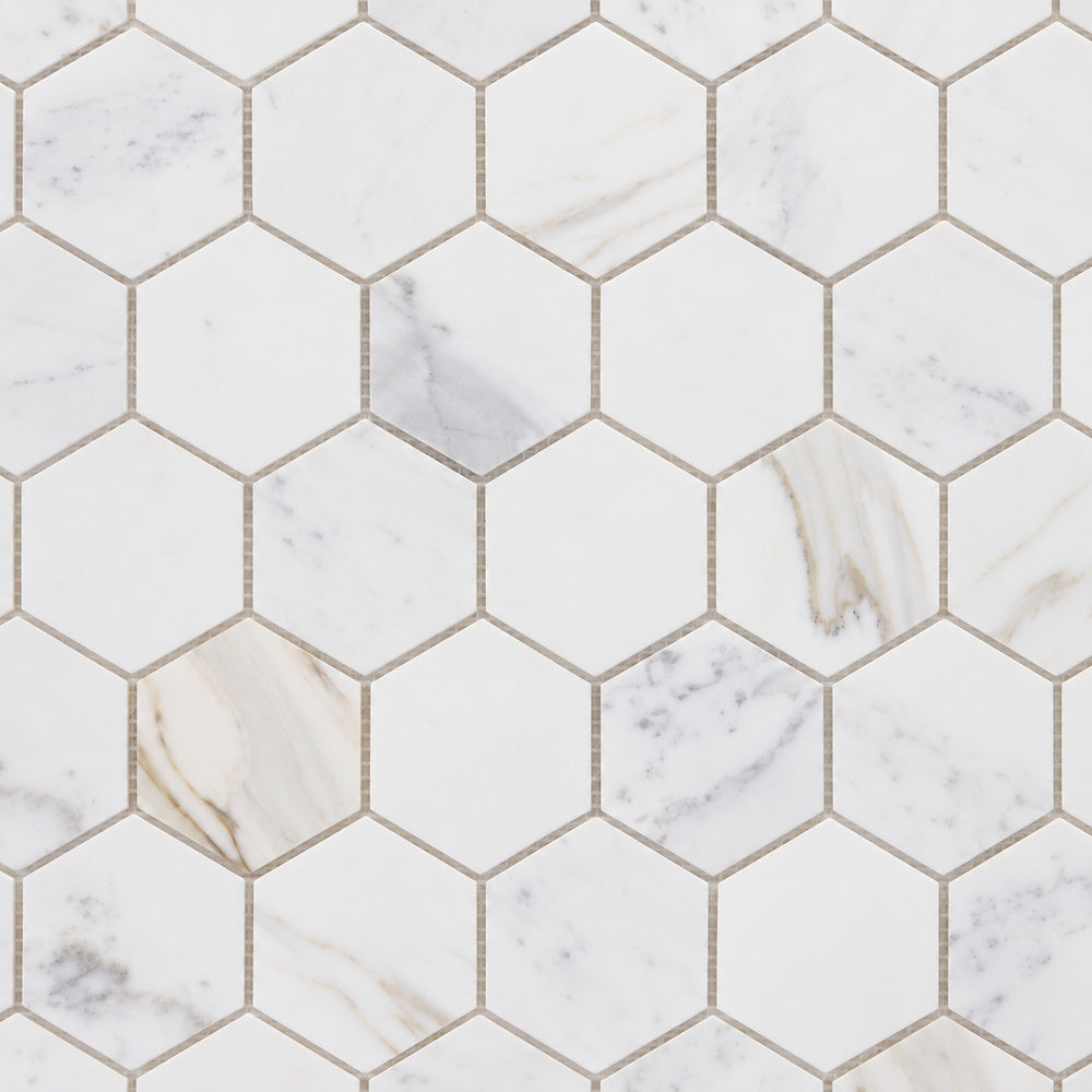 Hexalux Calacatta Gold 10x11.5 Polished Mosaic Tile close-up