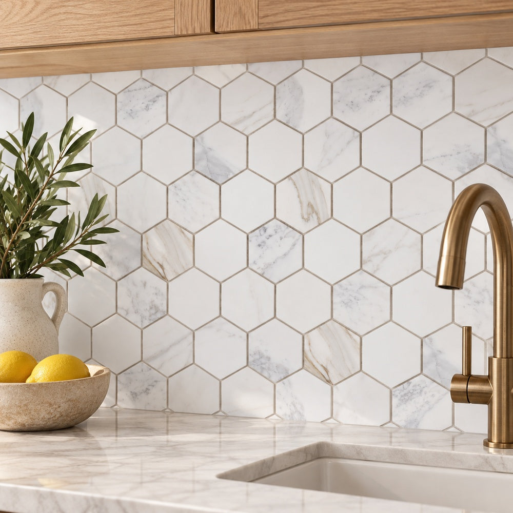 Hexalux Calacatta Gold 10x11.5 Polished Mosaic Tile room scene