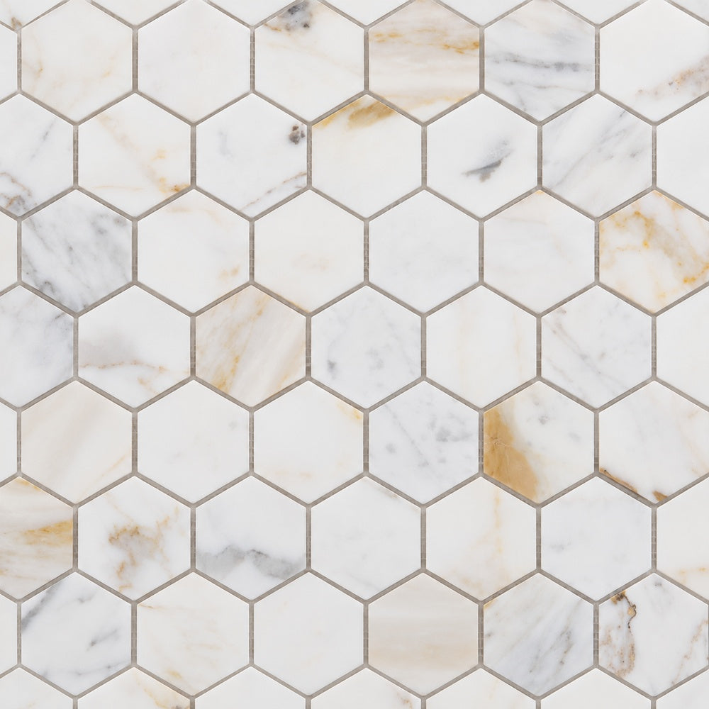 Hexalux Calacatta Gold 11.75x12 Polished Mosaic Tile close-up