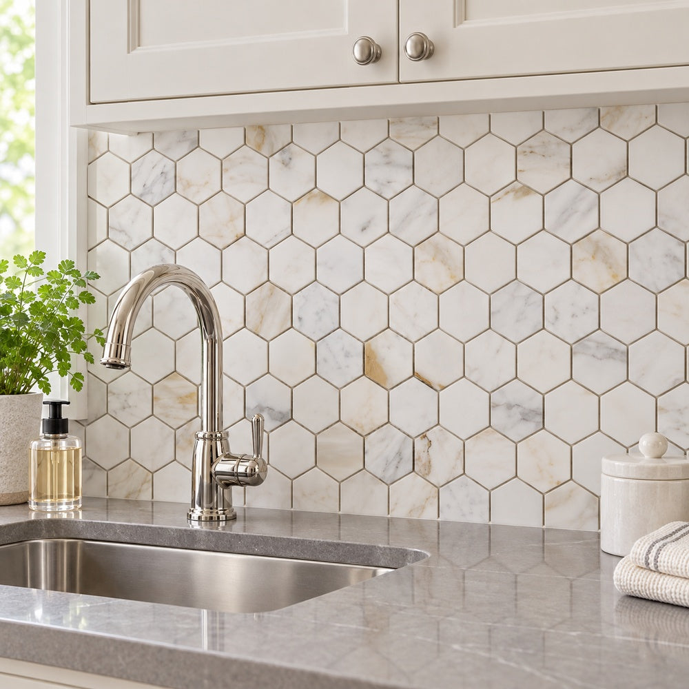 Hexalux Calacatta Gold 11.75x12 Polished Mosaic Tile room scene