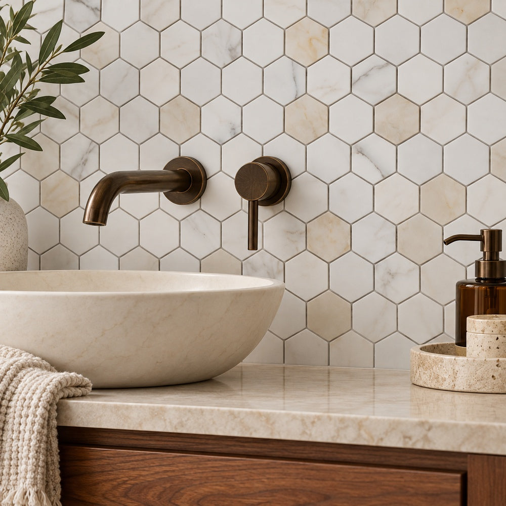 Hexalux Calacatta Gold Honed 11.75x12 Mosaic Tile room scene