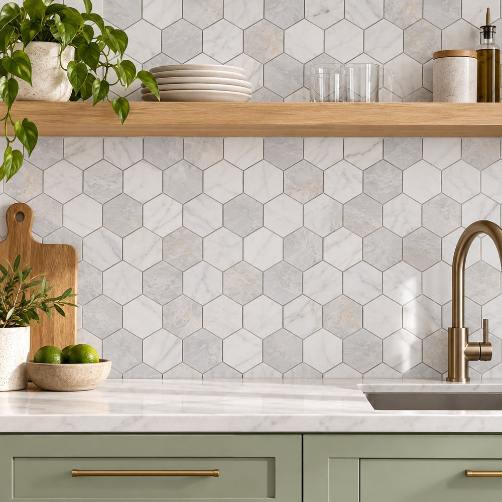 Hexalux City Grey 10.25x11.75 Polished Mosaic Tile room scene
