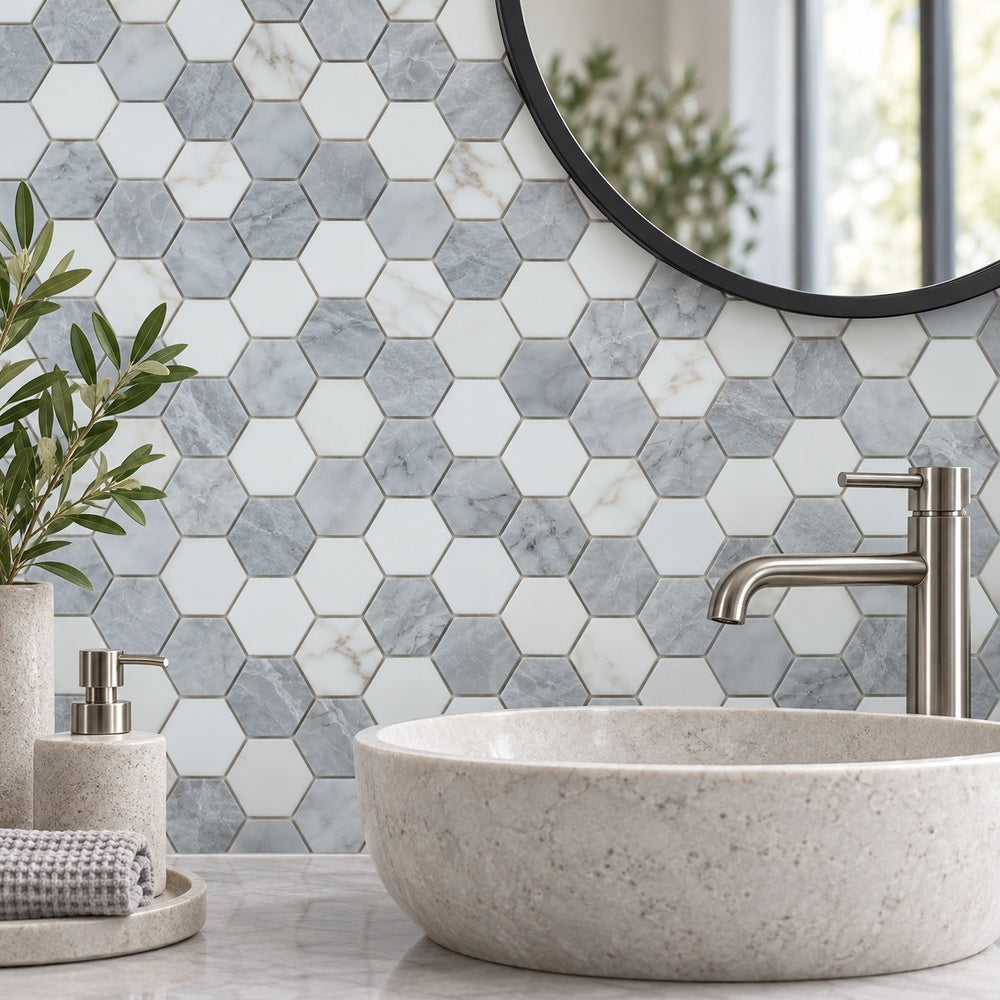 Hexalux City Grey 11.75x12 Polished Mosaic Tile room scene