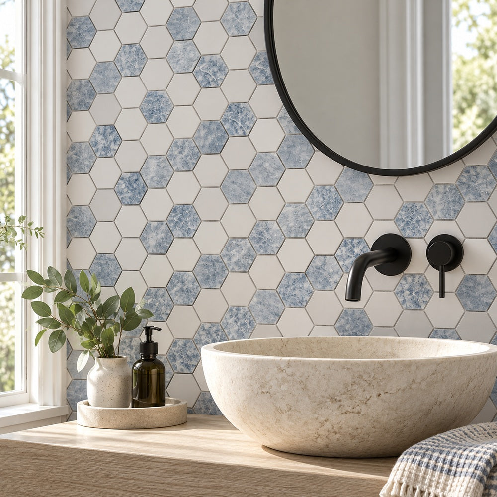 Hexalux Crystal Ocean 11.75x12 Polished Mosaic Tile room scene