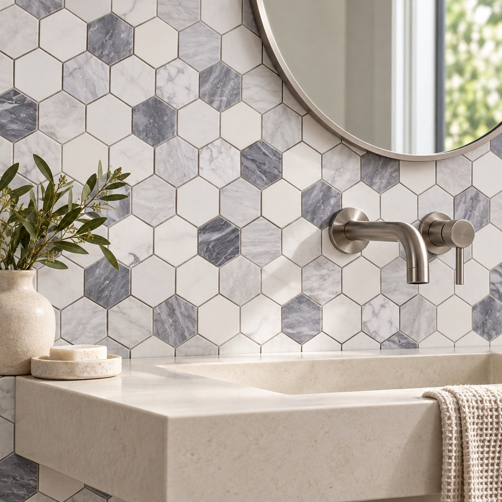 Hexalux Dusk 10x11.5 Honed Mosaic Tile room scene