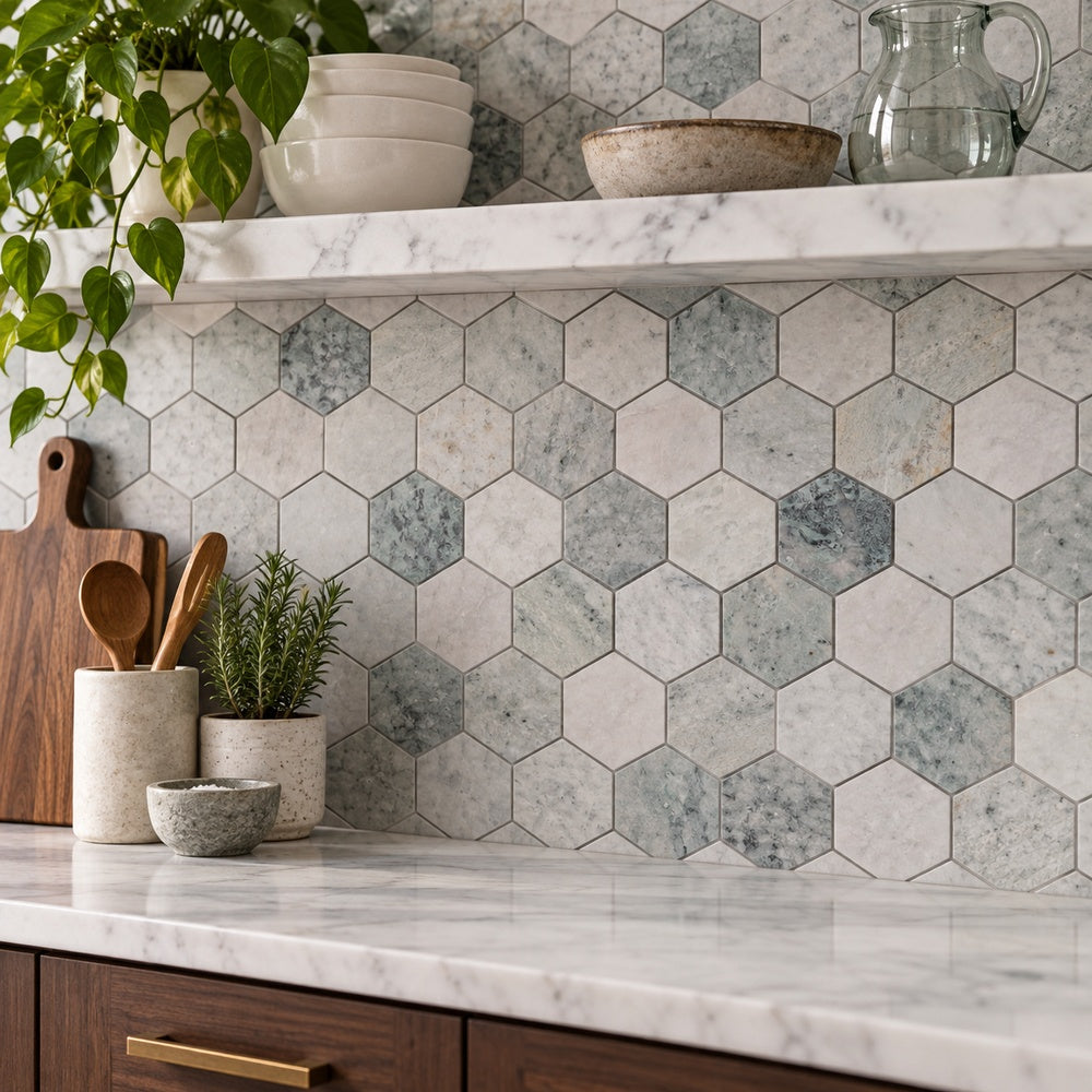 Hexalux Green 10.25x11.75 Honed Mosaic Tile room scene