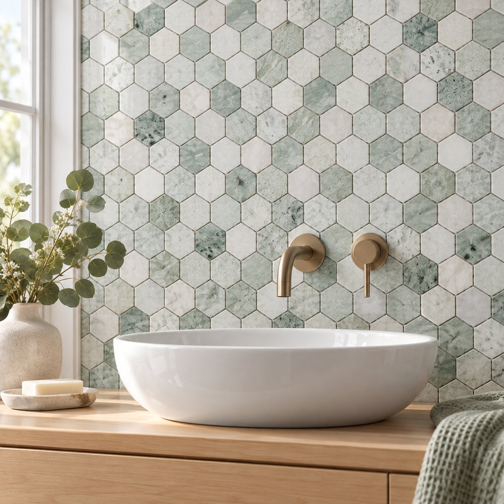 Hexalux Green 11.75x12 Polished Mosaic Tile room scene