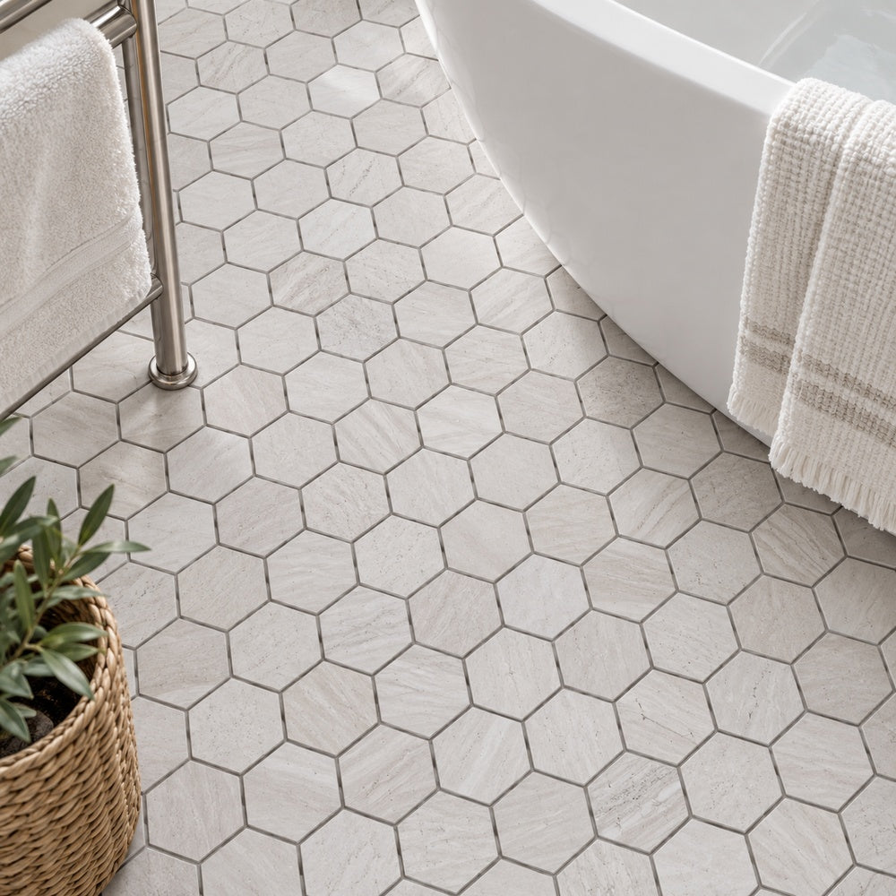 Hexalux Grey 2x2 12x12 Mosaic Tile room scene