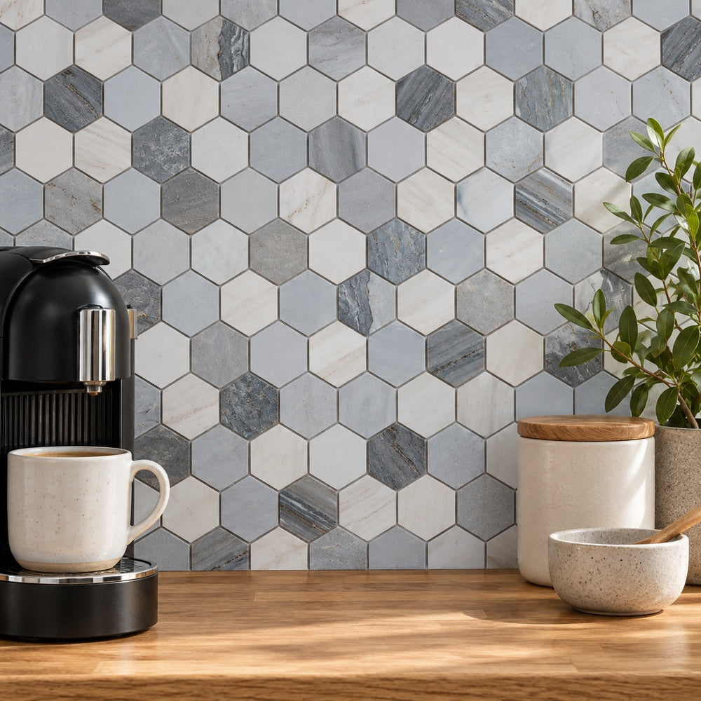 Hexalux Italian Blue 2x2 11.75x12 Mosaic Tile room scene