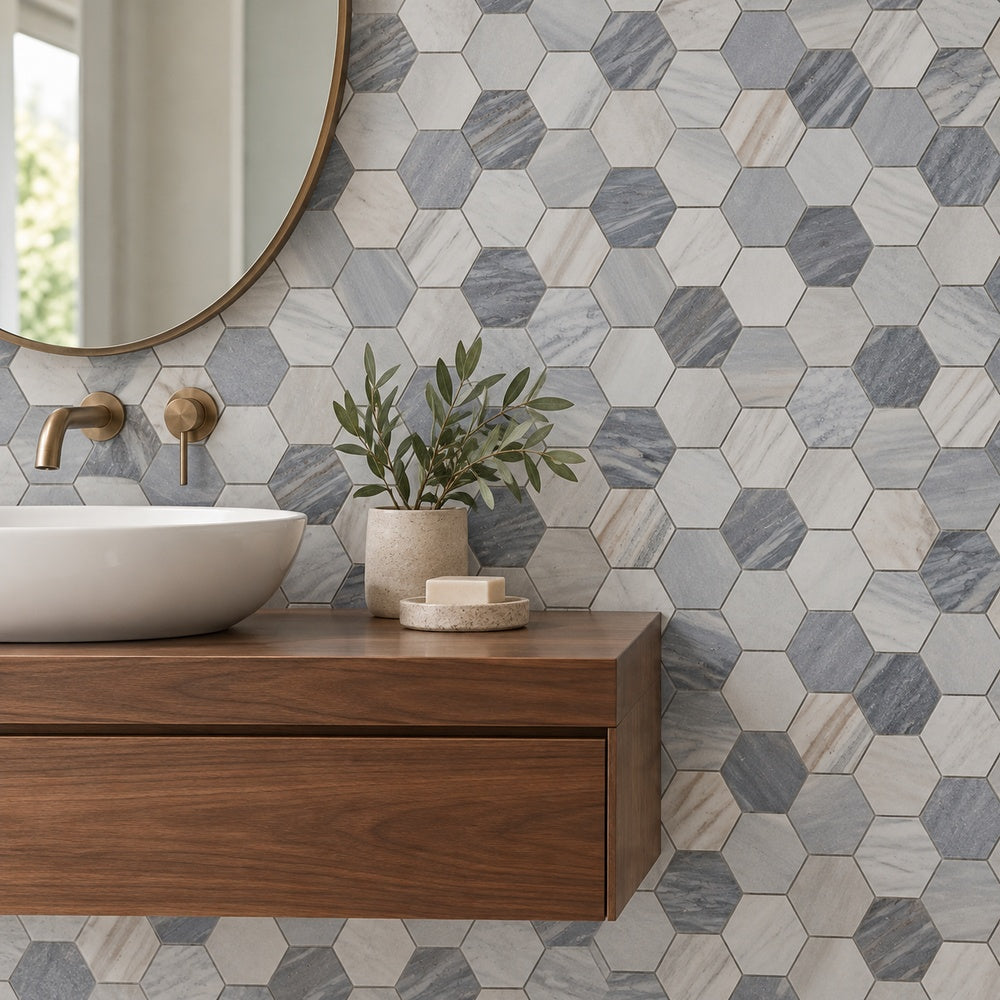 Hexalux Italian Blue 3x3 10.25x11.75 Mosaic Tile room scene
