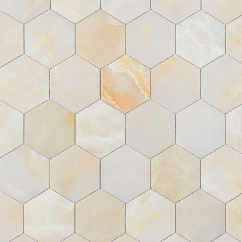 Hexalux Onyx White Polished 3x3 10.25x11.75 Mosaic Tile close-up