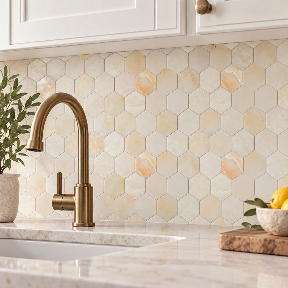 Hexalux Onyx White Polished 3x3 10.25x11.75 Mosaic Tile room scene