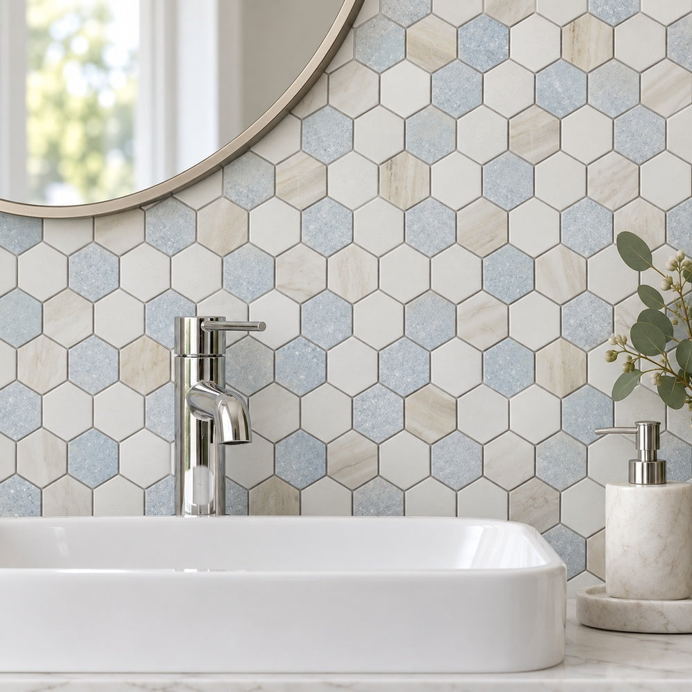 Hexalux Sky 2x2 11.75x12 Mosaic Tile room scene