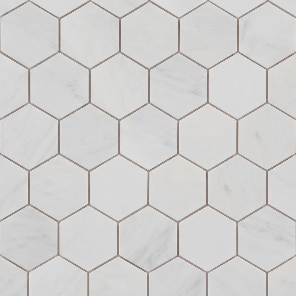 Hexalux Snow White Honed 3x3 10.25x11.75 Mosaic Tile close-up