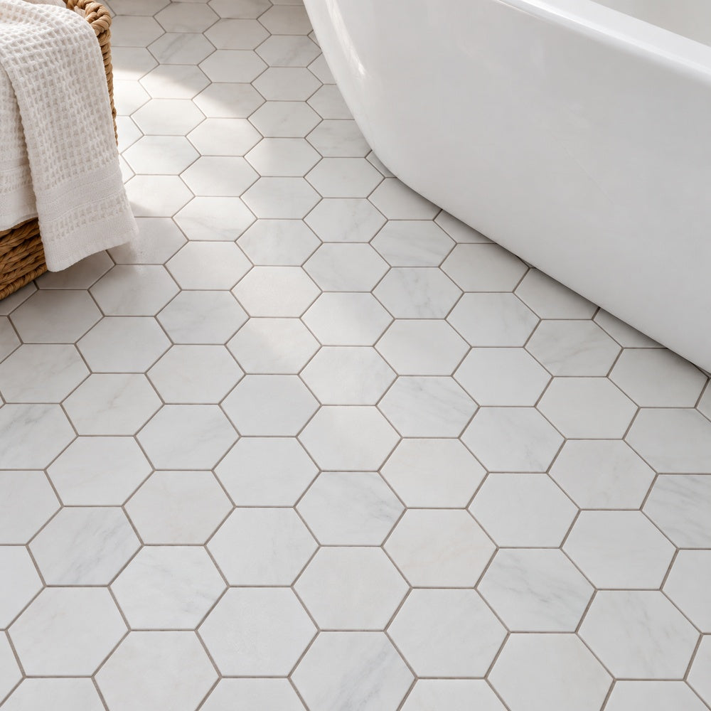 Hexalux Snow White Honed 3x3 10.25x11.75 Mosaic Tile room scene