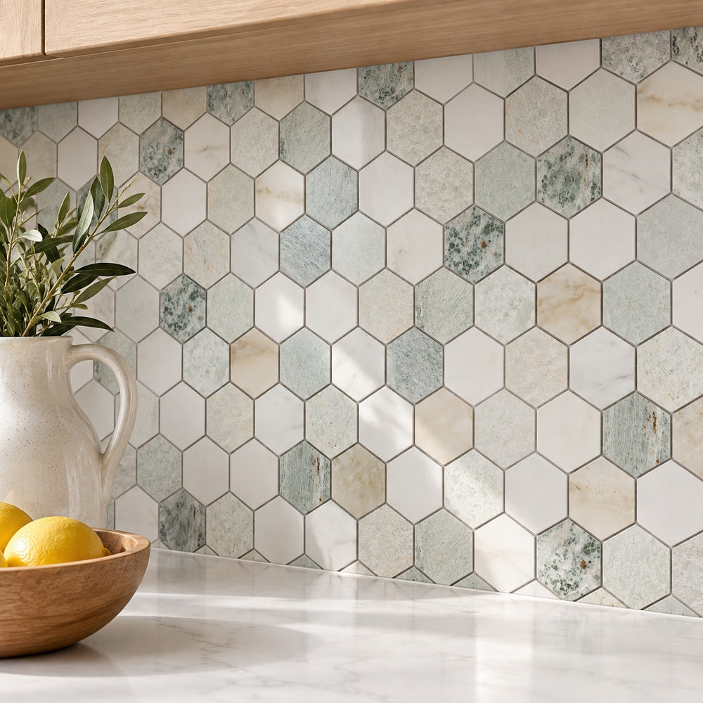 Hexalux Spring 2x2 11.75x12 Mosaic Tile room scene