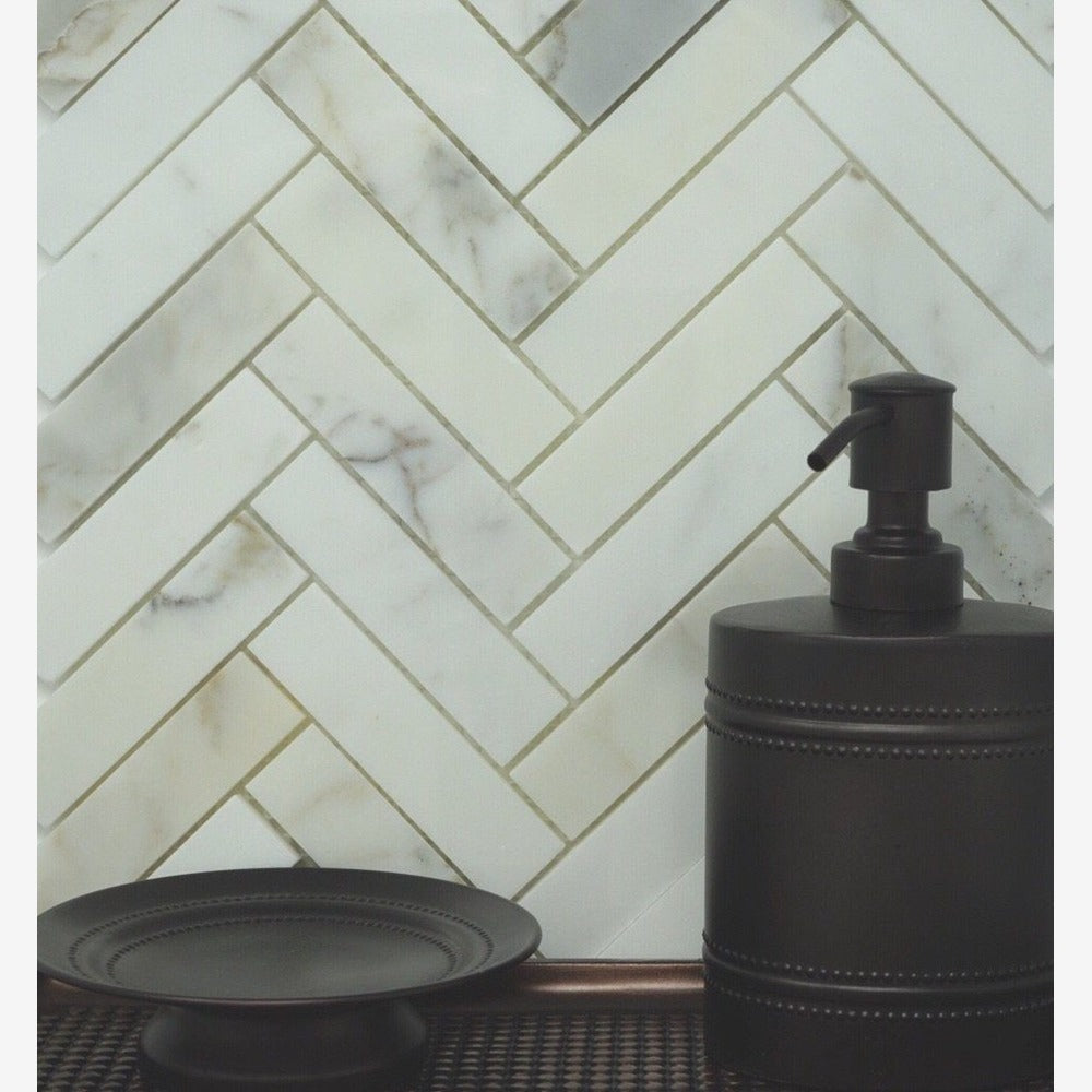 Calacatta Gold 1x4 Herringbone Polished/Honed Marble Mosaic Tile