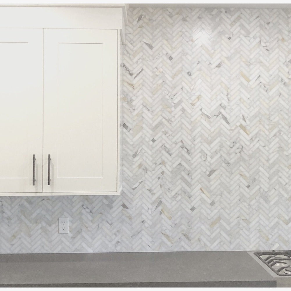 Calacatta Gold 1x4 Herringbone Polished/Honed Marble Mosaic Tile