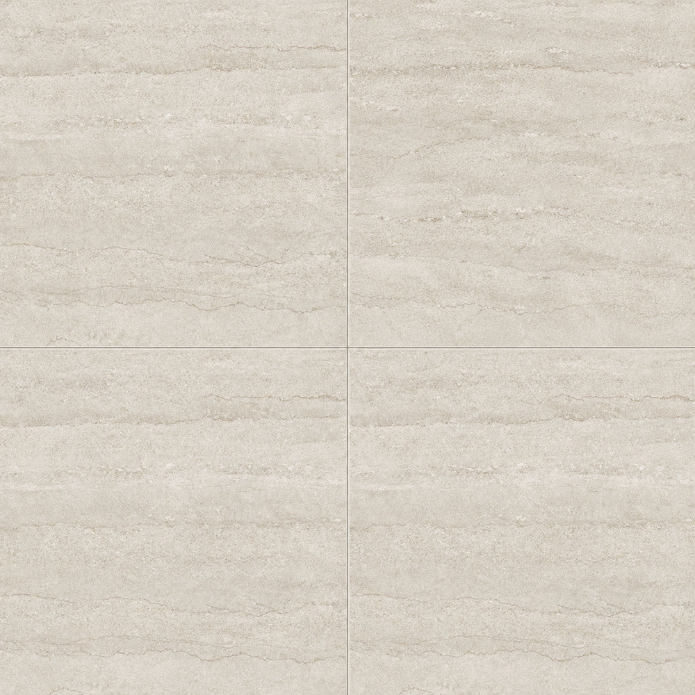 Liora Bone Veincut 48x48 R Porcelain Tile — four equal square tiles in a 2×2 installed close-up