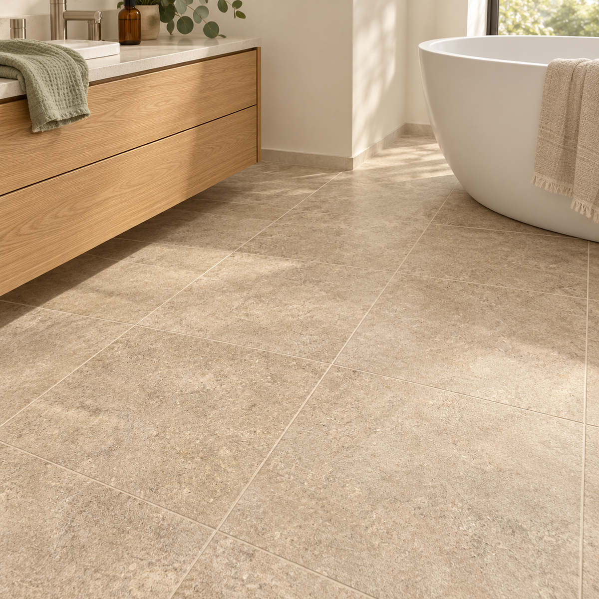 Liora Moka Crosscut 12x24 porcelain tile — bathroom floor installation visualization