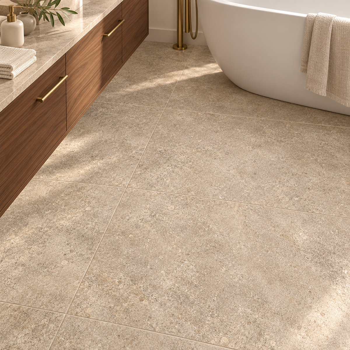Liora Moka Crosscut 24x48 porcelain tile — bathroom floor installation visualization