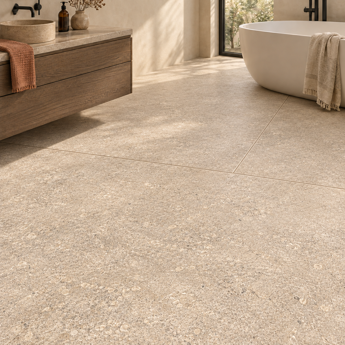 Liora Moka Crosscut 48x48 porcelain tile — large-format bathroom floor installation visualization