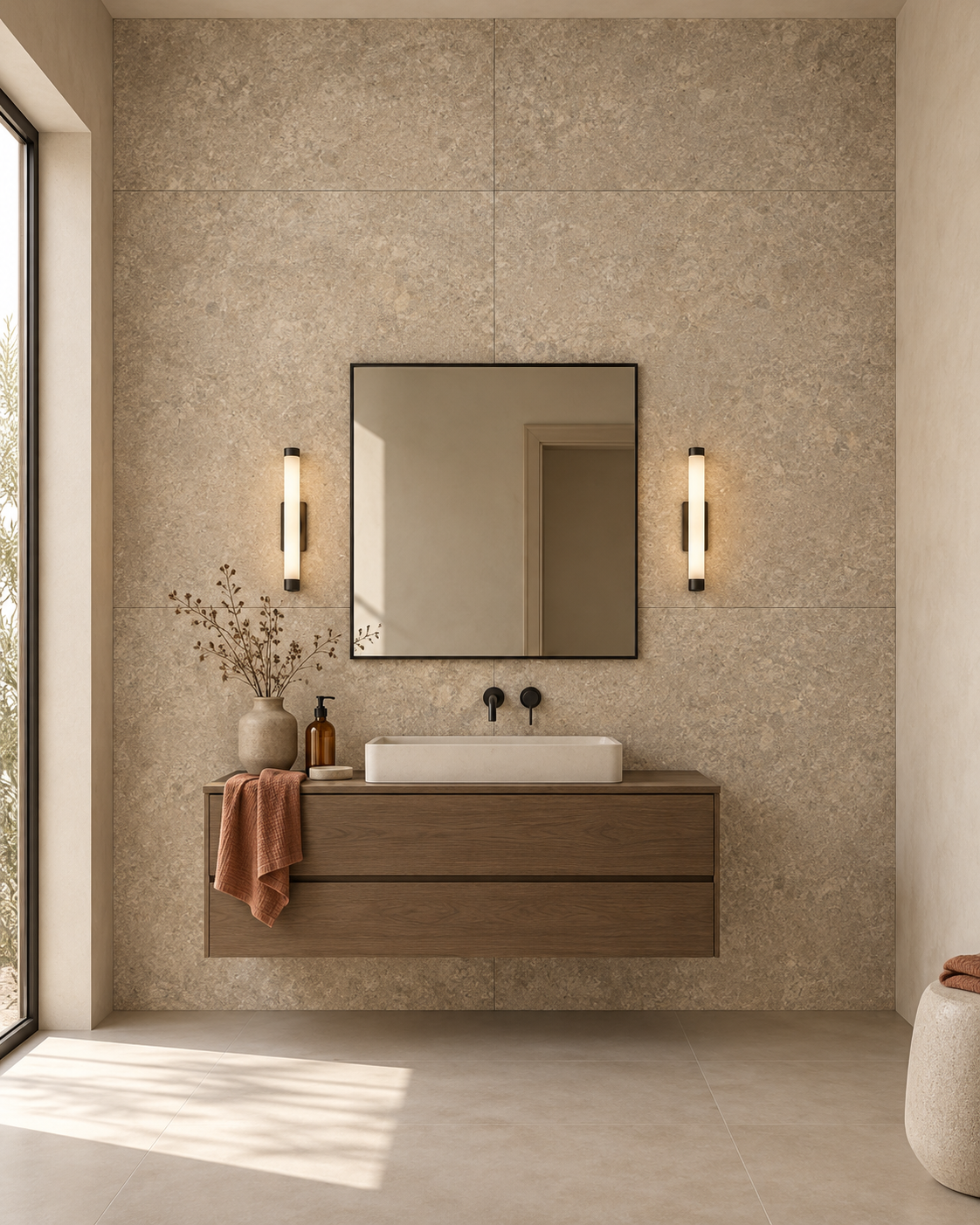 Liora Moka Crosscut 48x48 porcelain tile — bathroom wall installation visualization