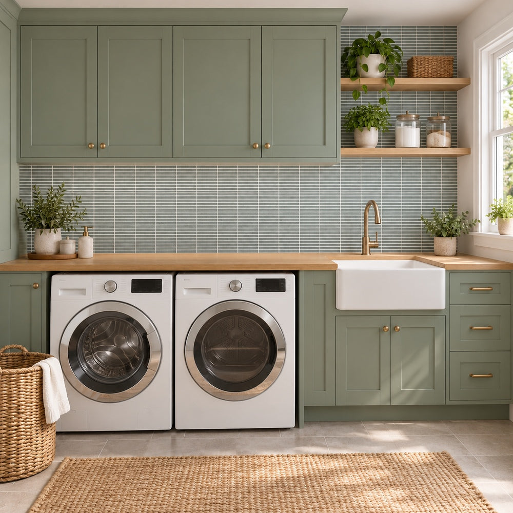 Lumina Smoke 12x12 Fluted Glass Mosaic Tile — generated room installation scene
