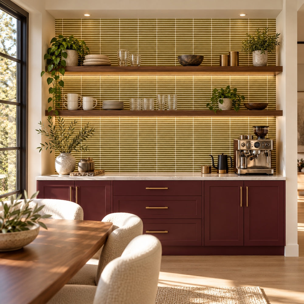 Lumina Bronze 12x12 Fluted Glass Mosaic Tile — generated room installation scene
