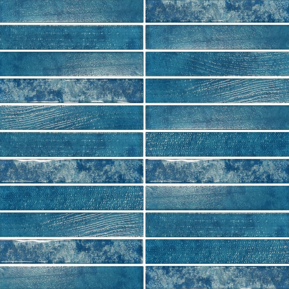 Lumina Sapphire 12x12 Stacked Glass Mosaic Tile — installed close-up