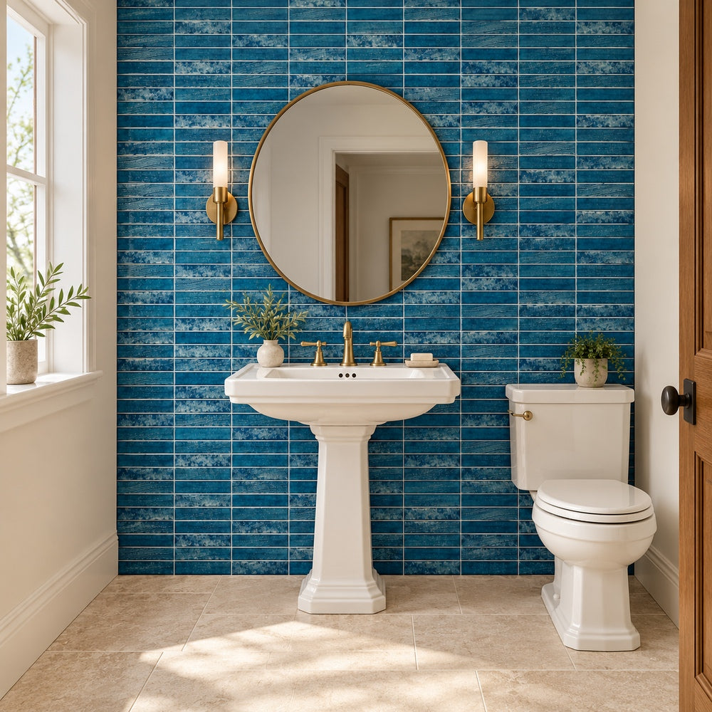 Lumina Sapphire 12x12 Stacked Glass Mosaic Tile — generated room installation scene