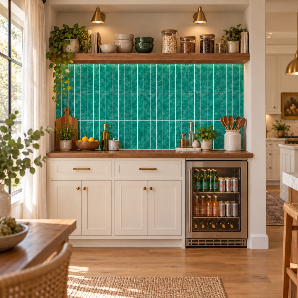 Lumina Emerald Green 3x12 Glass Tile — generated room installation scene