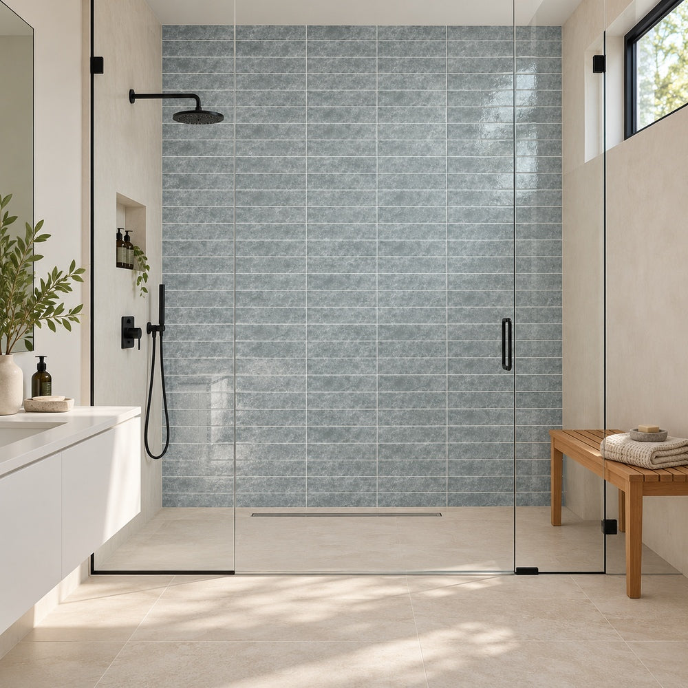 Lumina Pewter 3x12 Glass Tile — generated room installation scene