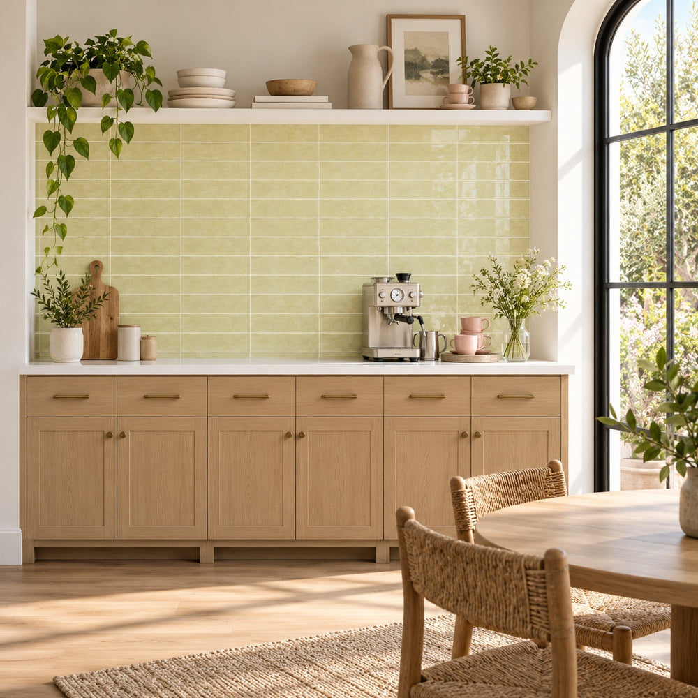 Lumina Champagne 3x12 Glass Tile — generated room installation scene