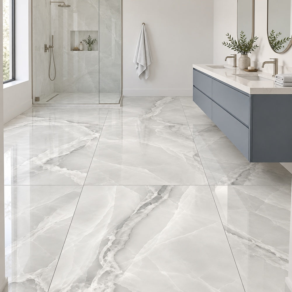 Lunara Grey PO 35x35 R Porcelain Tile room installation scene