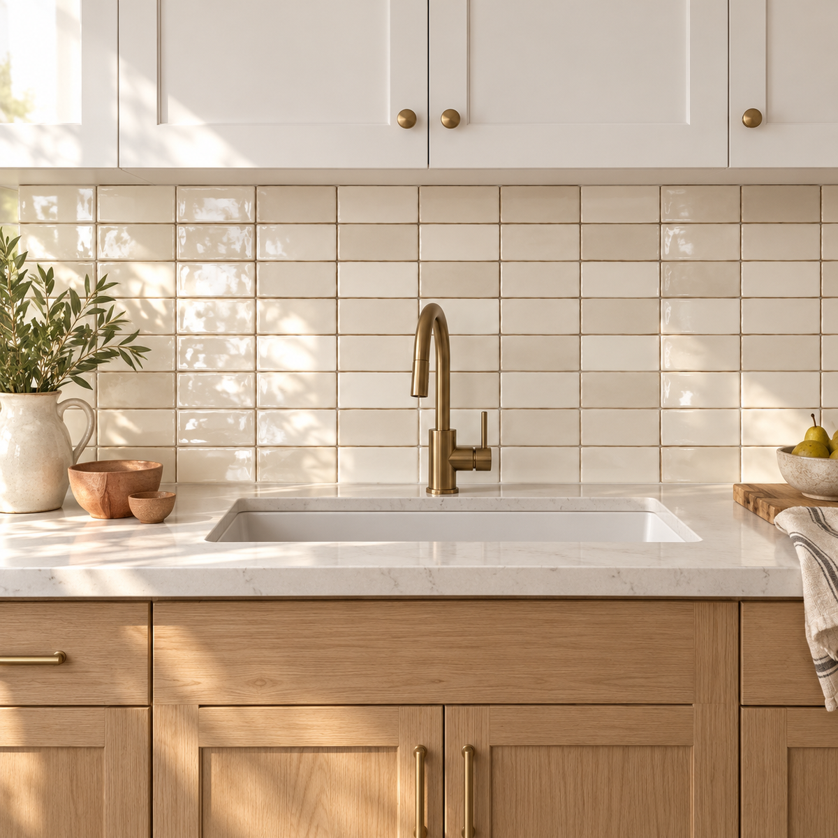 Maison Ecru 3x6 glossy ceramic tile — kitchen installation visualization