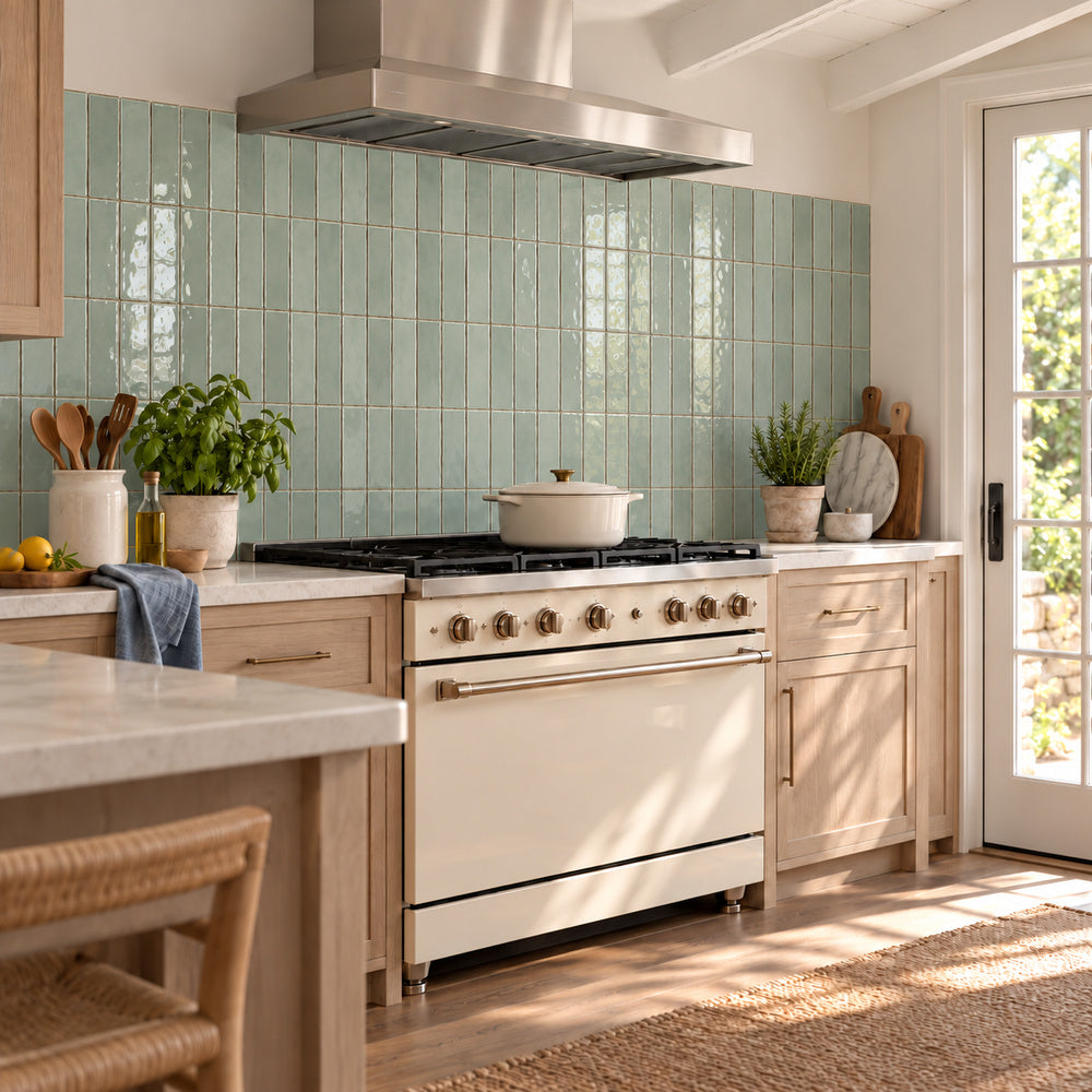 Maison Watercolor 3x12 ceramic tile in a vertical stacked kitchen backsplash