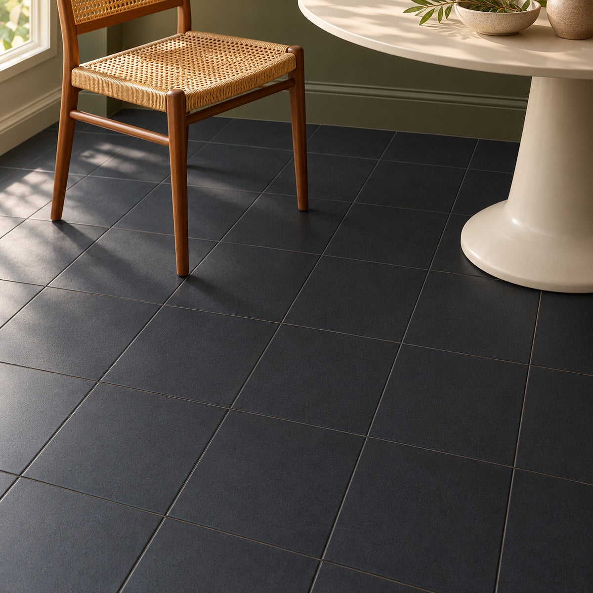 Marrakech Pure Black 8x8 matte porcelain tile installed room scene