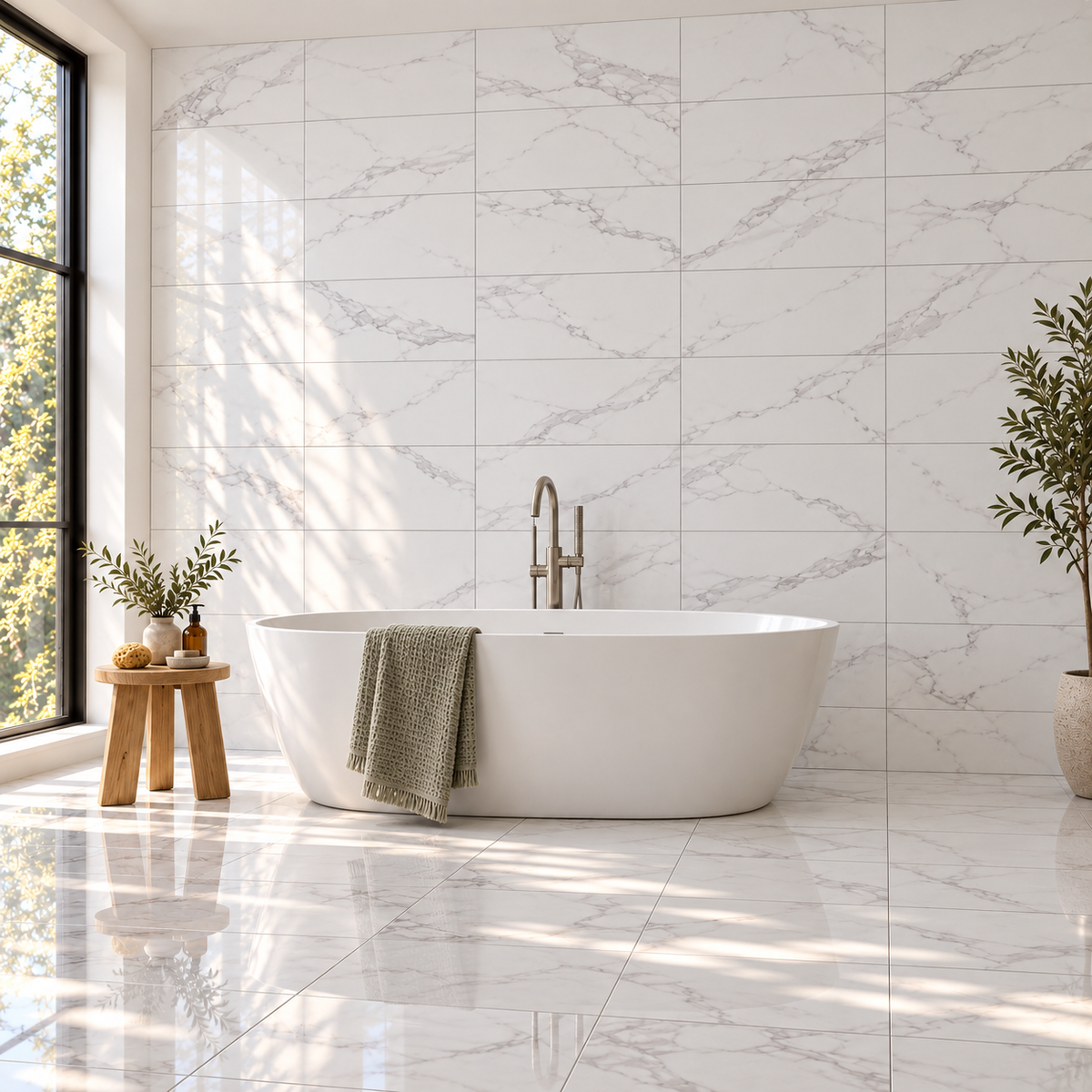 Milano Statuary White 12x24 porcelain tile — bathroom tub visualization