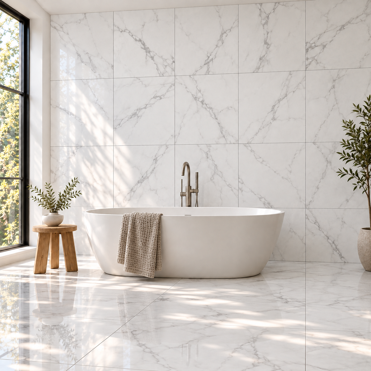 Milano Statuary White 24x24 porcelain tile — bathroom tub visualization
