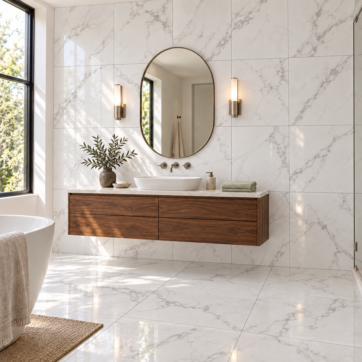 Milano Statuary White 24x24 porcelain tile — bathroom vanity visualization