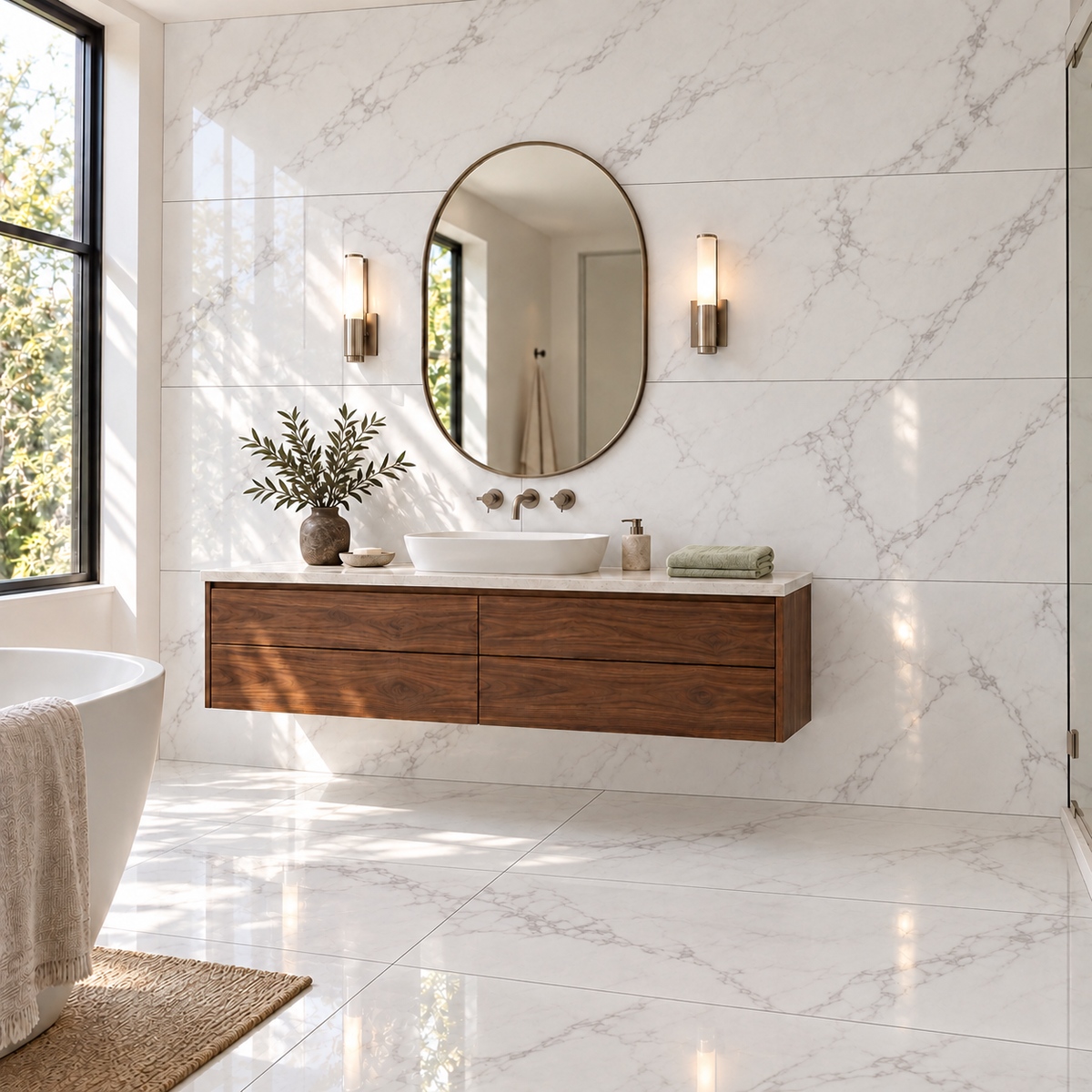 Milano Statuary White 24x48 tile — bathroom vanity installation visualization