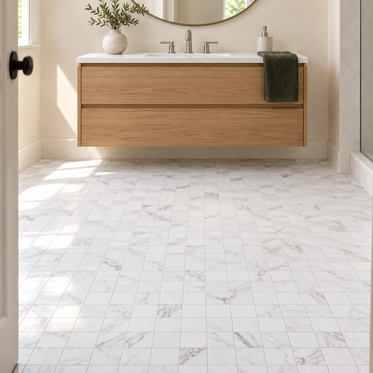 Milano Statuary White 2x2 porcelain tile — bathroom floor visualization