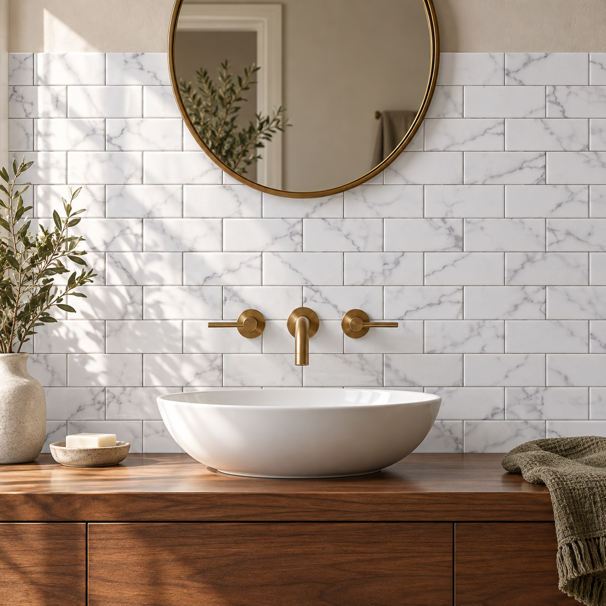 Milano Statuary White 3x6 tile — bathroom installation visualization