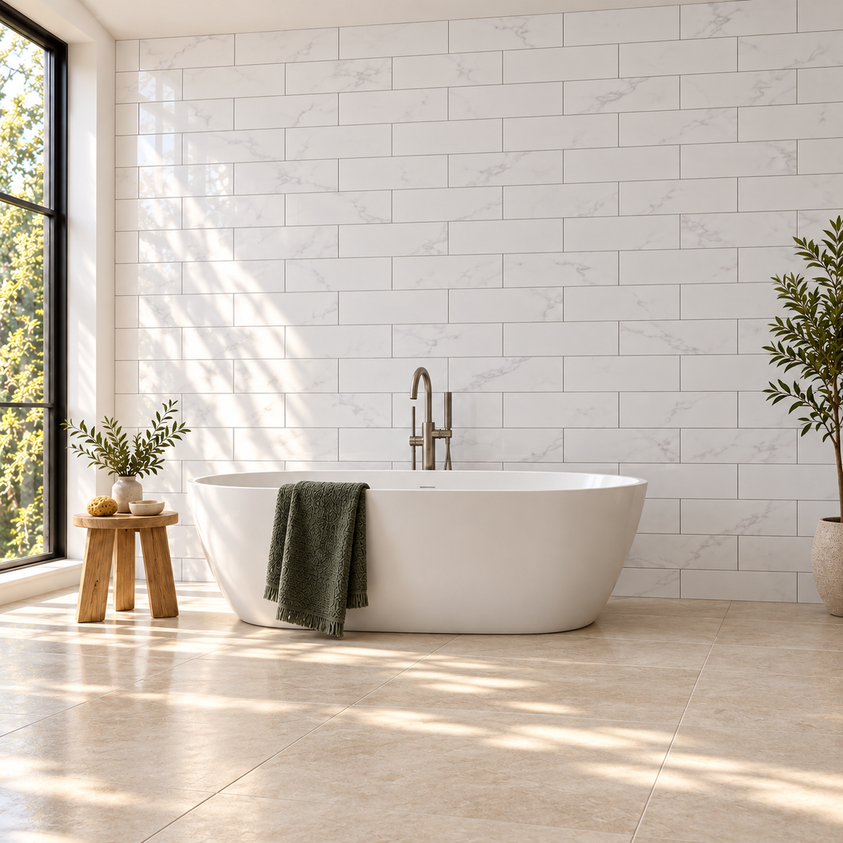 Milano Statuary White 6x18 tile — bathroom tub installation visualization