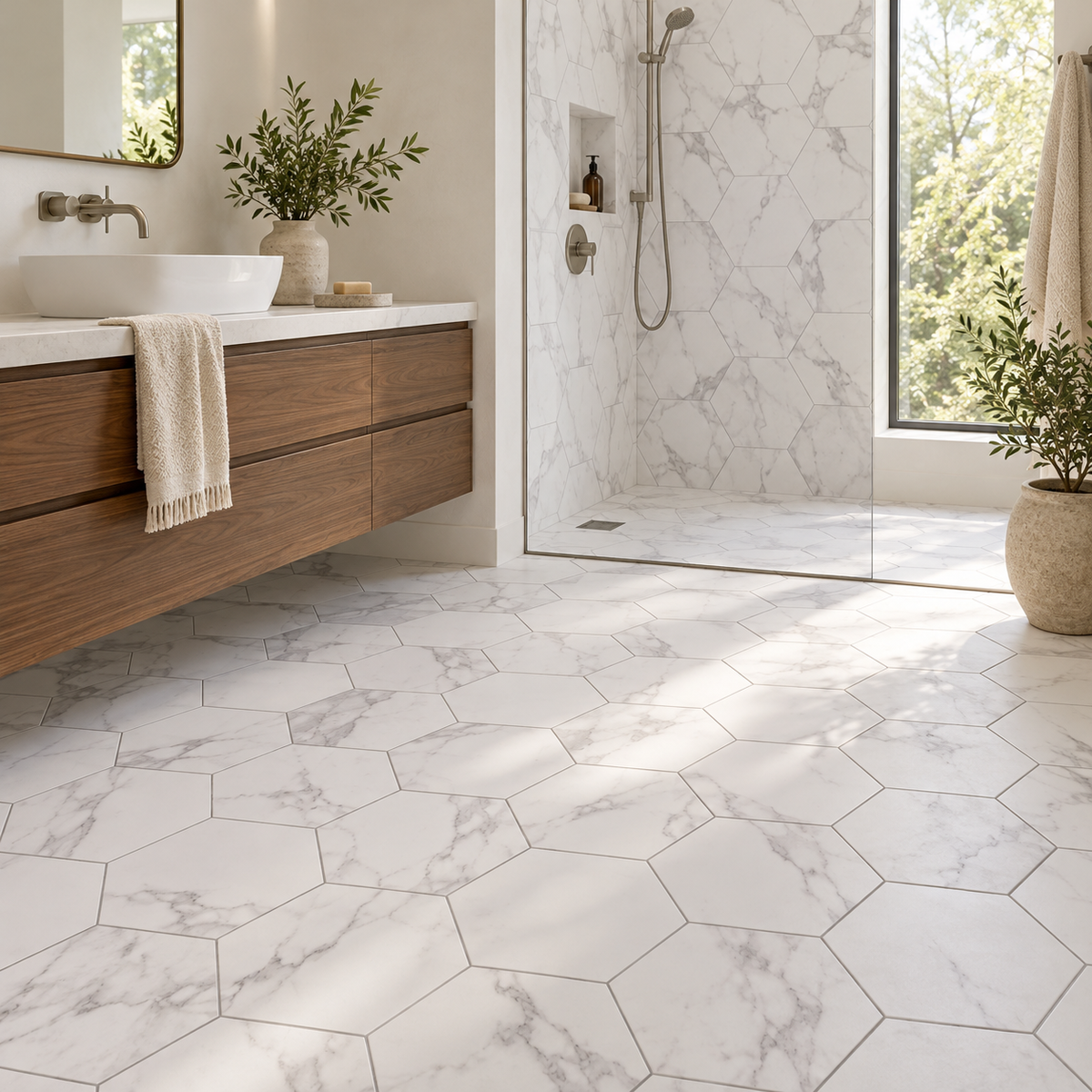 Milano Statuary White 8x9 porcelain tile — hexagon bathroom visualization