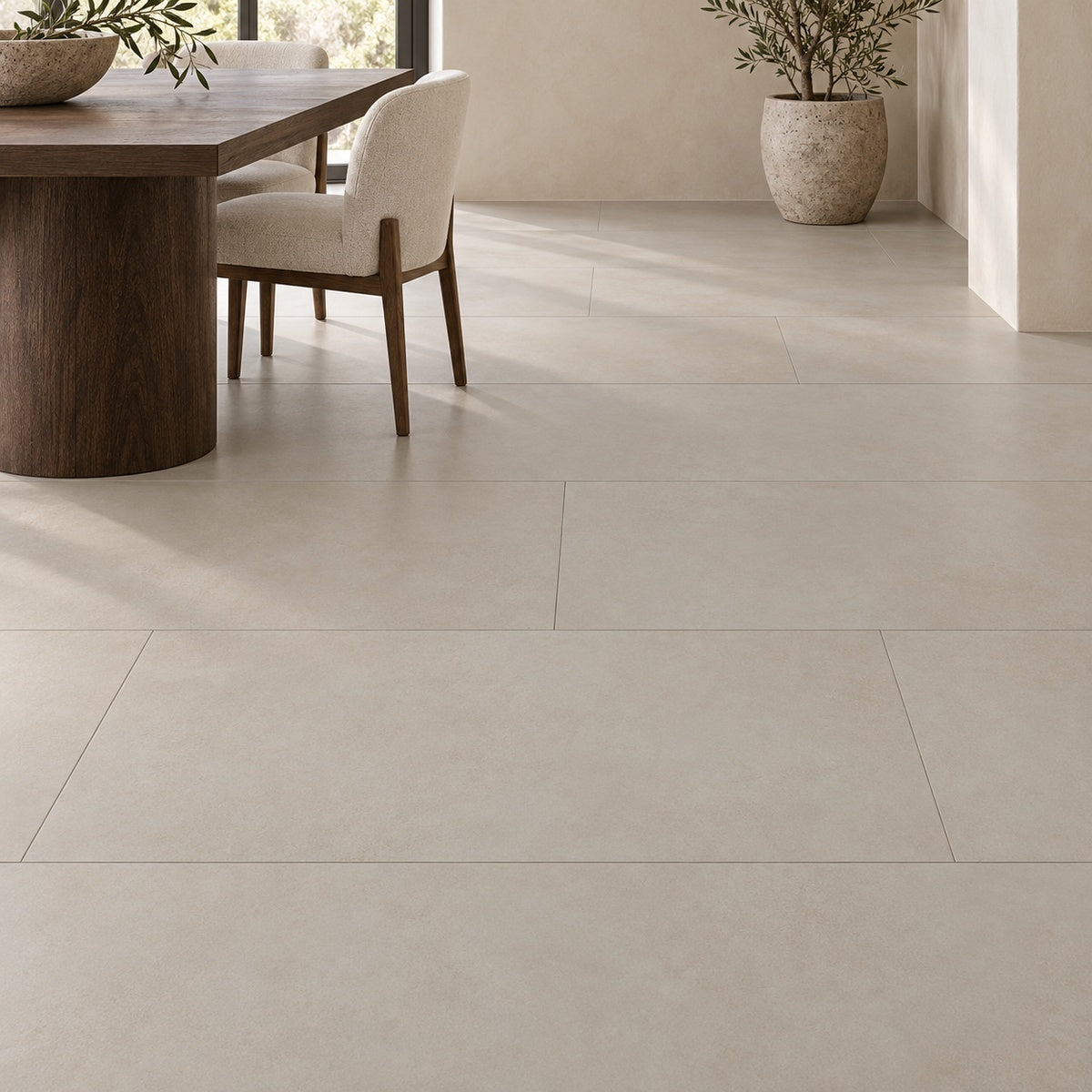 Momento Desert Sand 24x48 porcelain installed floor room scene